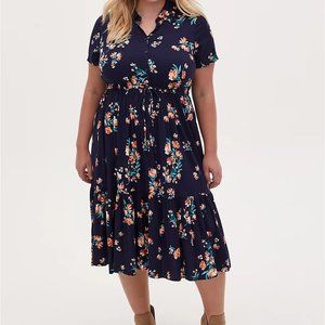 NWT Navy Floral Challis Button Front Dress